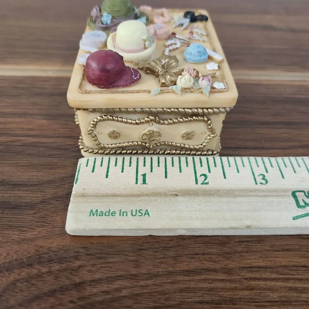 Dezine Vintage 1995 Hand Painted 3D Embossed Trinket Box Victorian Ribbons Hats